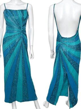 Lillie Rubin Vintage Silk Beaded Slit Floral Gown Dress Turquoise Size M